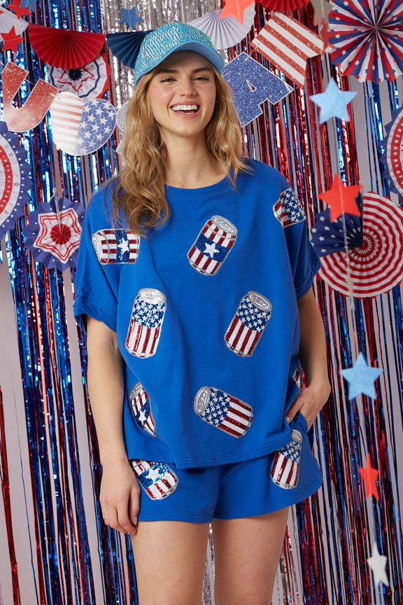 Wholesale Independence Day Top Sequined Pants Suit Short Sleeve Two Piece Set